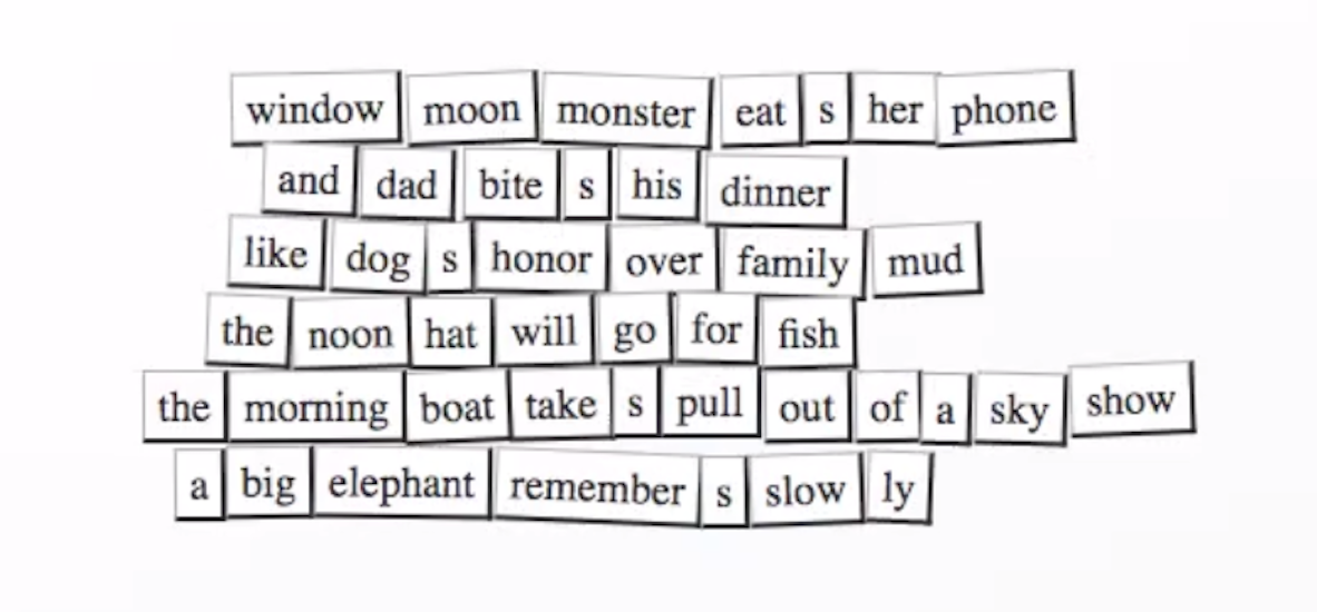 The poem reads, window moon monster eats her phone, and dad bites his dinner, like dogs honor over family mud, the noon hat will go for fish, the morning boat takes pull out of a sky show, a big elephant remembers slowly